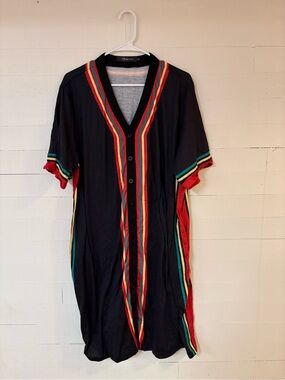 Bloggerlove 1X Black Multicolor Stripe Button Front Midi Dress